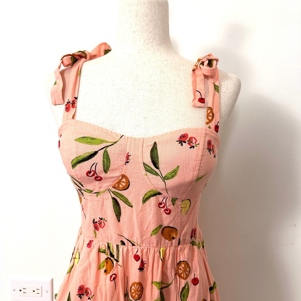 Fruit Print Linen Blend Midi Dress LC Lauren Conrad Peach Pink M Cottage Picnic - Picture 3 of 9
